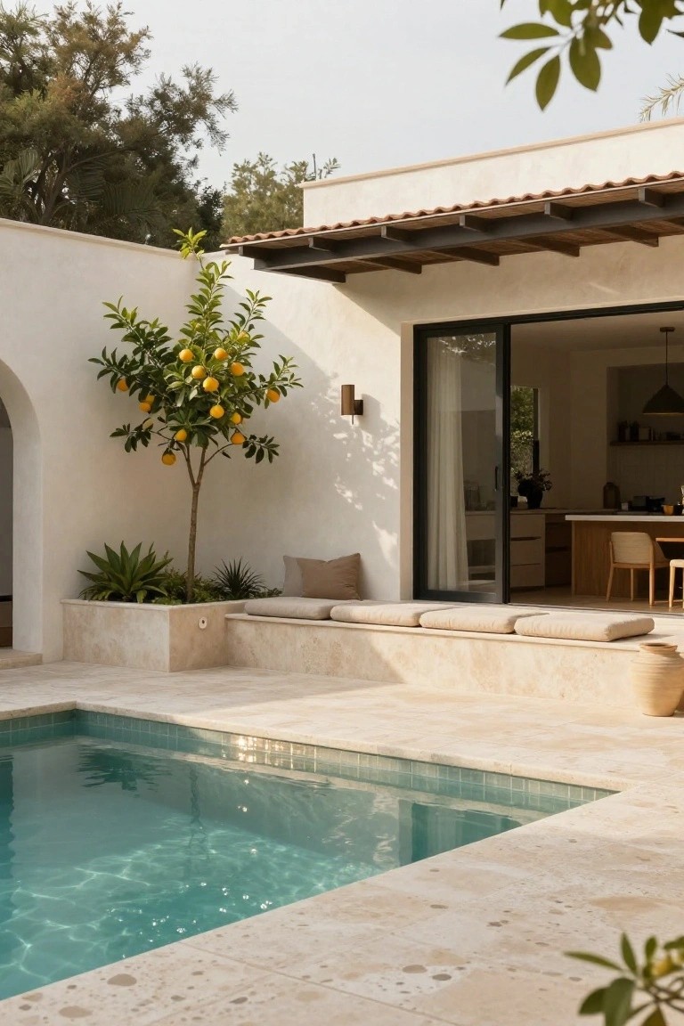 Rectangular semi-inground pool with turquoise water edged in beige travertine tiles, built-in stone benches with beige cushions along one side, a potted orange tree nearby, agave plants in a raised bed, and sliding glass doors opening from a white stucco house interior.