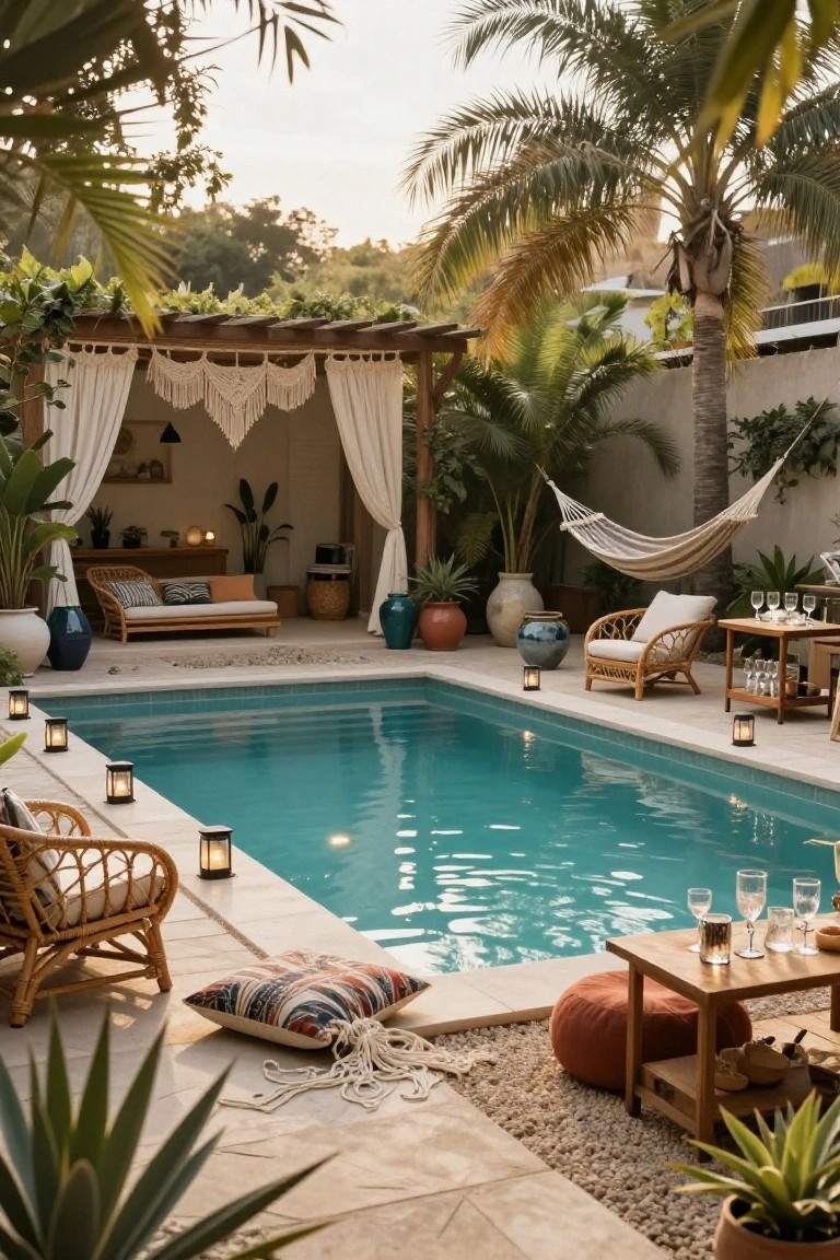 Rectangular turquoise pool edged in tile, surrounded by rattan chairs, pillows, potted plants, lanterns, a wooden pergola cabana with white curtains and macrame, hammock, and palms in a walled garden.