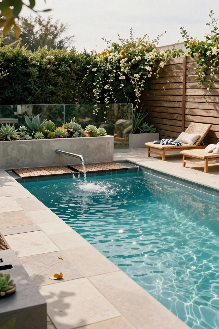 Rectangular turquoise-tiled semi-inground pool with water flowing from a stainless steel spout on a raised concrete planter wall planted with succulents, wooden loungers on a tiled deck, glass fence, and timber privacy screen with vines in the background.