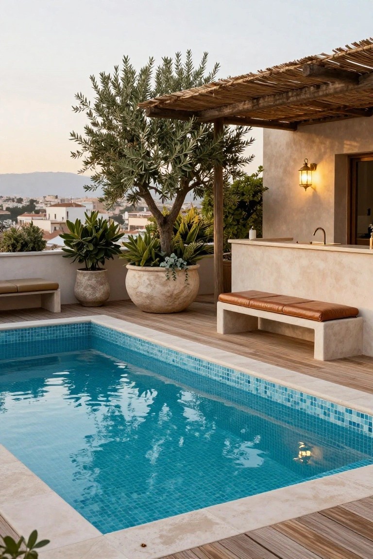 Rooftop terrace with rectangular blue mosaic-tiled semi-inground pool integrated into light wood decking, flanked by stone benches, large terracotta pots with plants and olive tree under thatched pergola, stone bar counter, and distant city view at dusk.