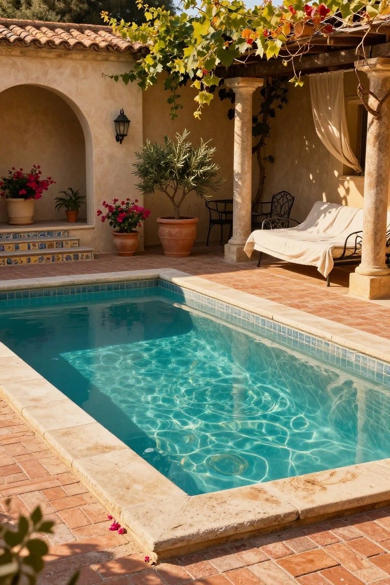 Rectangular turquoise swimming pool with stone coping in a terracotta brick-paved courtyard featuring stucco arches, potted plants, olive trees, and a white-draped metal daybed under a pergola.