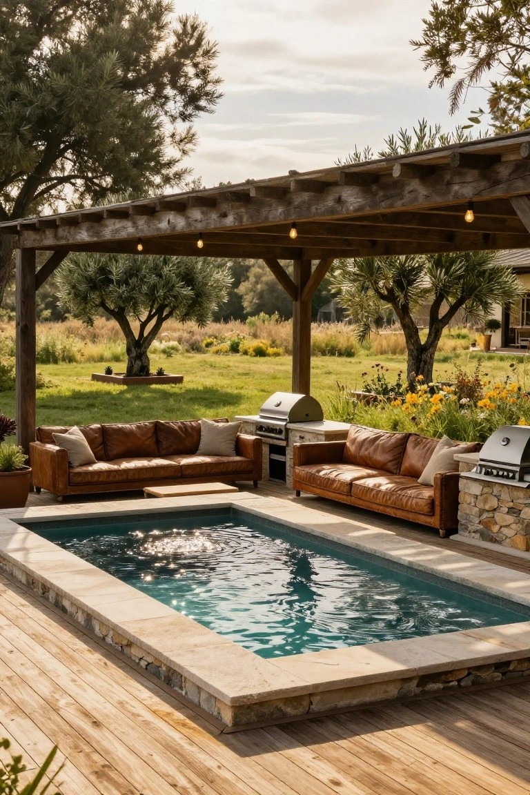 Rectangular semi-inground pool with turquoise water on a stone-edged wooden deck, adjacent to brown leather sofas, built-in grills on stone bases, potted plants, under a wooden pergola with hanging lights, olive trees and grassy field in background.