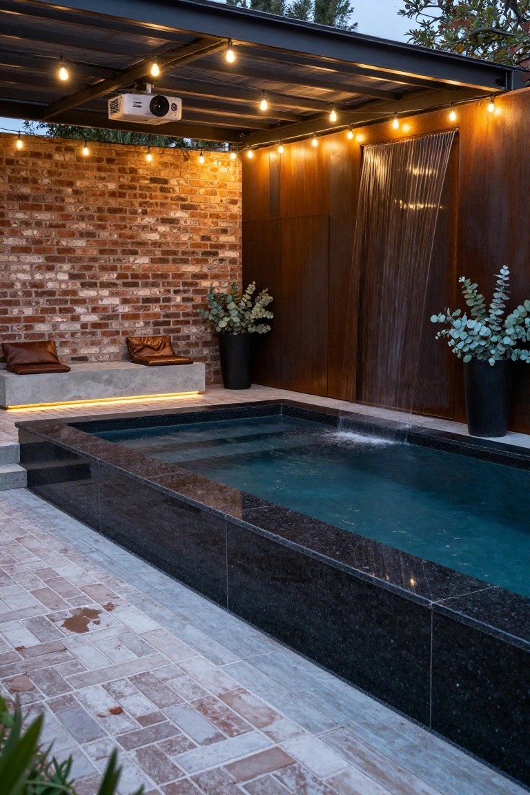 Rectangular semi-inground pool with black granite edges and blue water, adjacent to a concrete bench with brown cushions, brick wall, wooden wall with water cascade, potted eucalyptus plants, string lights, and projector under a metal-roofed pergola on a tiled patio.