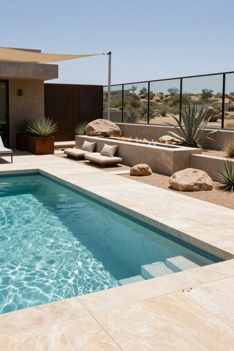 Rectangular inground pool with turquoise water and white tile steps, surrounded by beige travertine decking, next to a linear gas fire pit flanked by boulders and agave plants in a desert yard with lounge chairs.