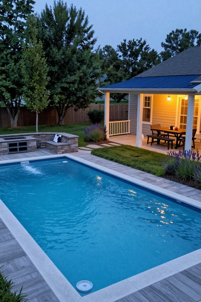 Rectangular blue swimming pool with white edges and bubbler surrounded by light wood-look decking, stone fire pit bench, lavender plants, grass lawn, and porch with dining table on a house exterior at dusk.