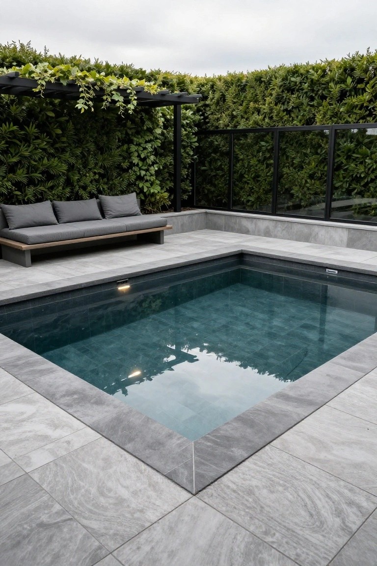 A small rectangular semi-inground pool with turquoise water and underwater lights, edged and surrounded by light gray veined porcelain tiles, next to a low wooden daybed with gray cushions, against green hedges and a black metal pergola with green vines.
