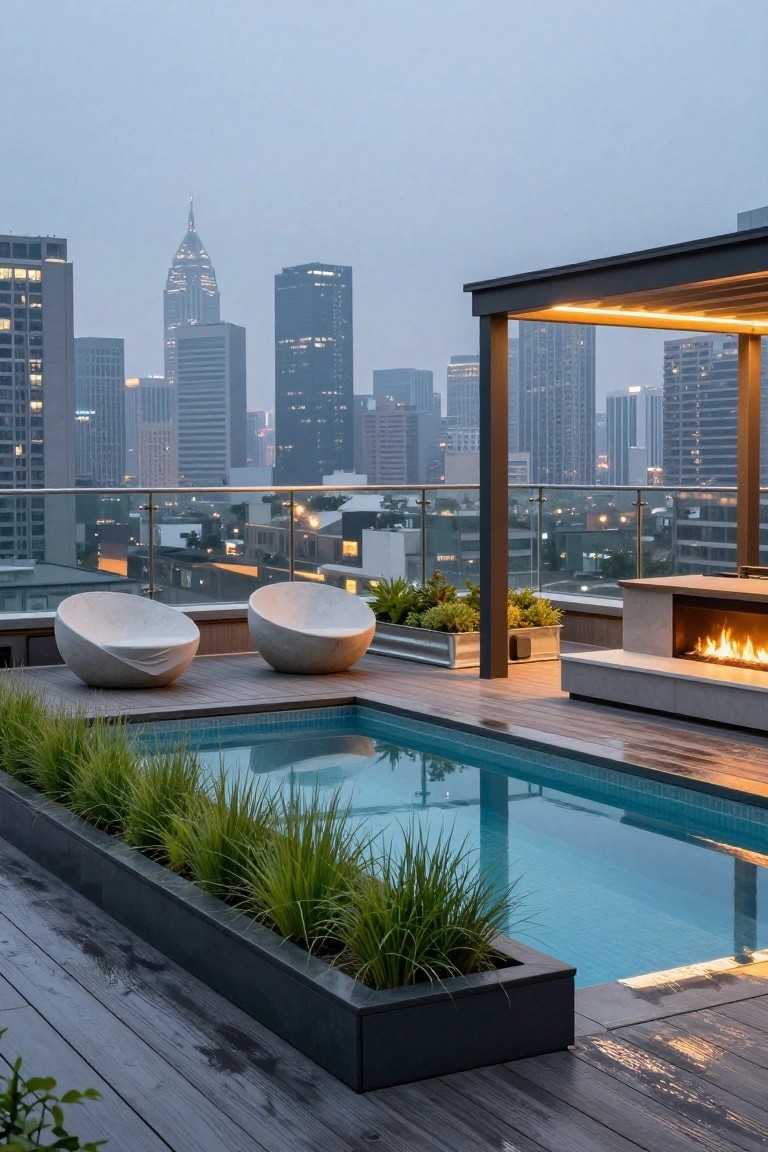 Rooftop terrace overlooking city skyline with rectangular turquoise pool along the edge, bordered by tall grasses in black rectangular planter, white pod chairs nearby, concrete fire pit, wooden decking, and metal pergola structure.