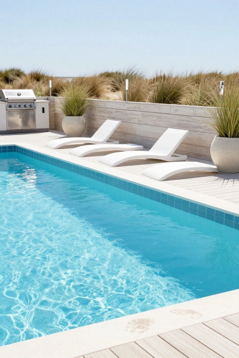 Rectangular turquoise swimming pool with white curved chaise lounge chairs aligned along the edge on light wood decking, stainless steel barbecue grill and potted grasses nearby, beach grass and white poles in the background under clear sky.