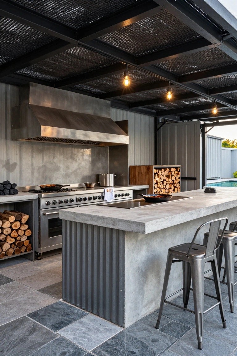 Outdoor kitchen under black metal mesh pergola with stainless steel range oven, concrete countertop island, metal bar stools, firewood storage, and pool visible nearby.