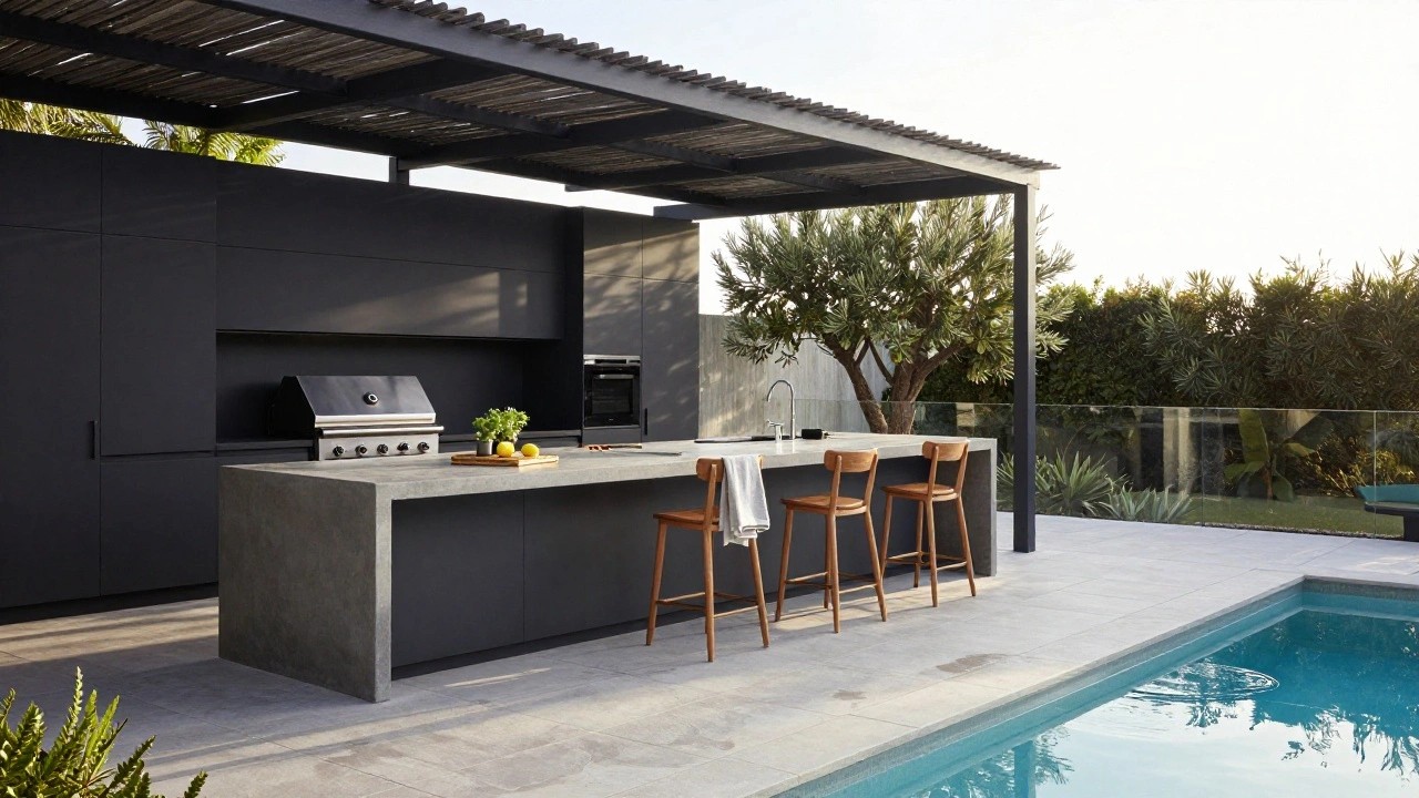 Outdoor kitchen with gray concrete island, built-in grill, sink, wooden bar stools, and herbs on counter under slatted wooden pergola beside swimming pool and landscaping.