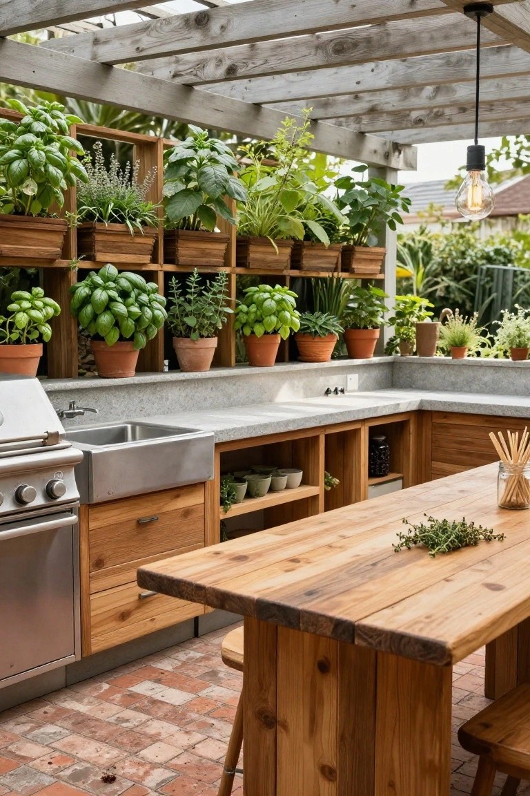 Outdoor kitchen under a wooden pergola featuring a stainless steel grill, farmhouse sink, wooden cabinets, dining table with stools, and surrounding walls with multiple herb planters on gray countertops and brick paving.