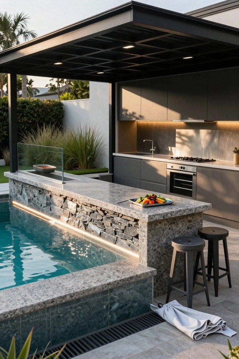 Outdoor kitchen with gray cabinets, stainless appliances, stone countertop bar extending over turquoise pool edge, black metal pergola overhead, two black bar stools, fire bowl, and grasses nearby.