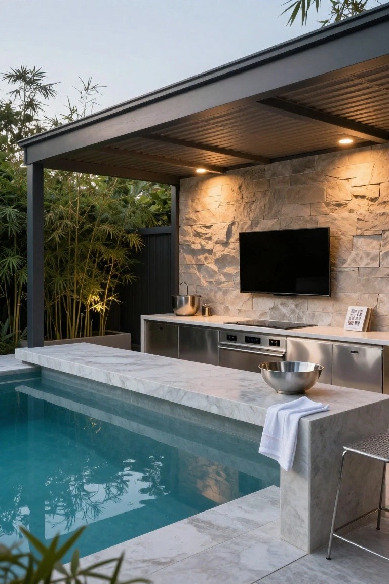 Outdoor kitchen bar with white marble countertop overhanging turquoise pool edge, stainless steel cabinets below, stone wall with mounted TV behind, under dark pergola with bamboo plants and lighting.