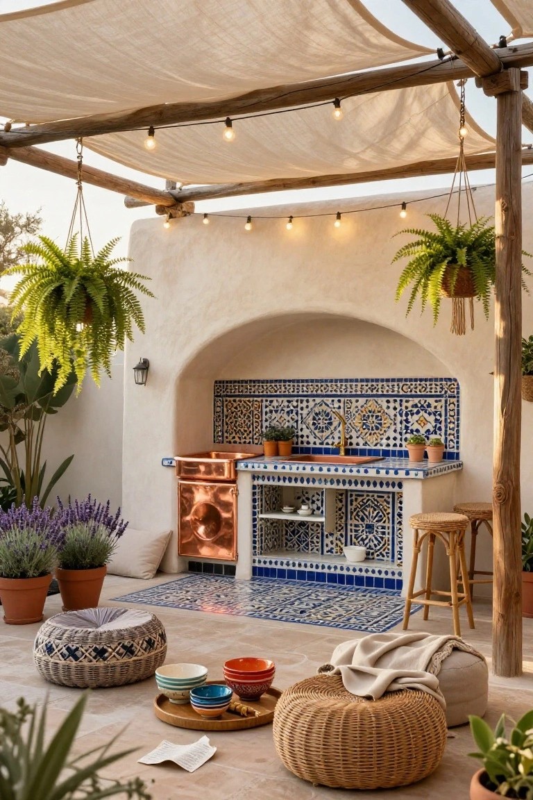 Arched outdoor kitchen alcove with blue and white tiled backsplash, copper sink and cabinets, under wooden pergola with string lights and hanging plants, pouf seating on tiled patio with potted plants.