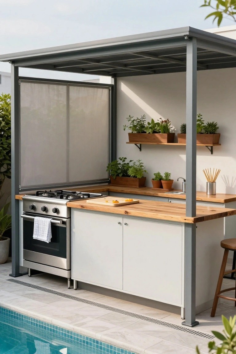 Outdoor kitchen with stainless steel cooktop, oven, sink, and wood countertop under a gray metal pergola beside a pool, featuring white cabinets, herb planters on shelves, and a bar stool.