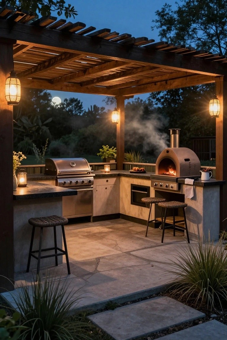 Wooden pergola covering an L-shaped outdoor kitchen with stainless steel gas grill, brown pizza oven, countertop, bar stools, and hanging lanterns on a stone patio at dusk with trees and moon in background.