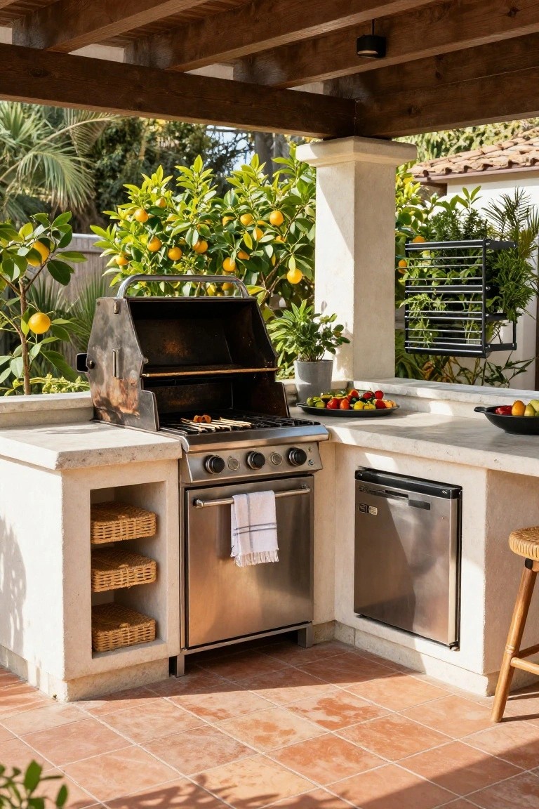 Wooden pergola beams over an L-shaped outdoor kitchen with stainless steel grill, oven, and dishwasher built into white stone counters on a terracotta tile patio, with potted plants, fruit bowls, citrus trees, and greenery nearby.