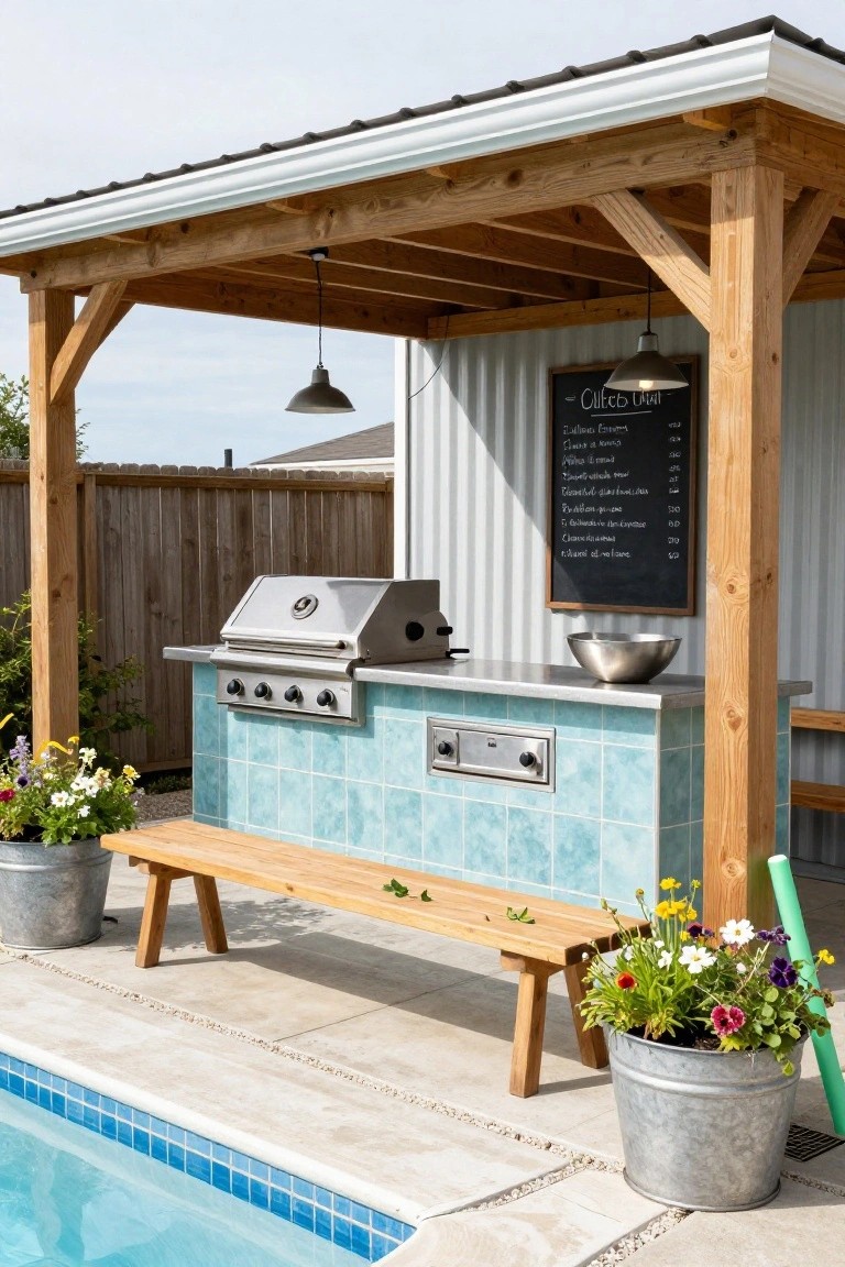 Wooden pergola shelters an outdoor kitchen with stainless steel grill, blue tiled counter, stainless bowl, drawer unit, plants in metal buckets, wooden bench, and chalkboard menu on corrugated metal wall next to a pool.