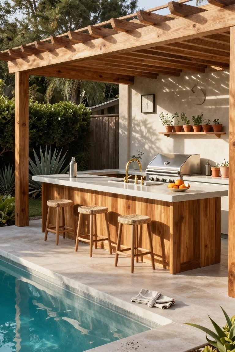 Wooden pergola shading an outdoor kitchen bar with concrete countertop, gold faucet, stainless steel grill, rattan bar stools, and potted plants next to a turquoise pool on tiled patio.