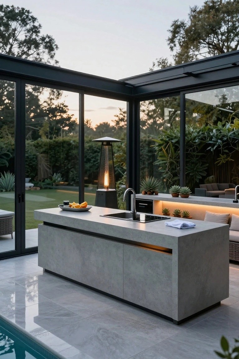 Gray concrete outdoor kitchen island with sink, cooktop, and under-counter lighting inside a glass-enclosed pergola beside a pool, with greenery and trees outside.
