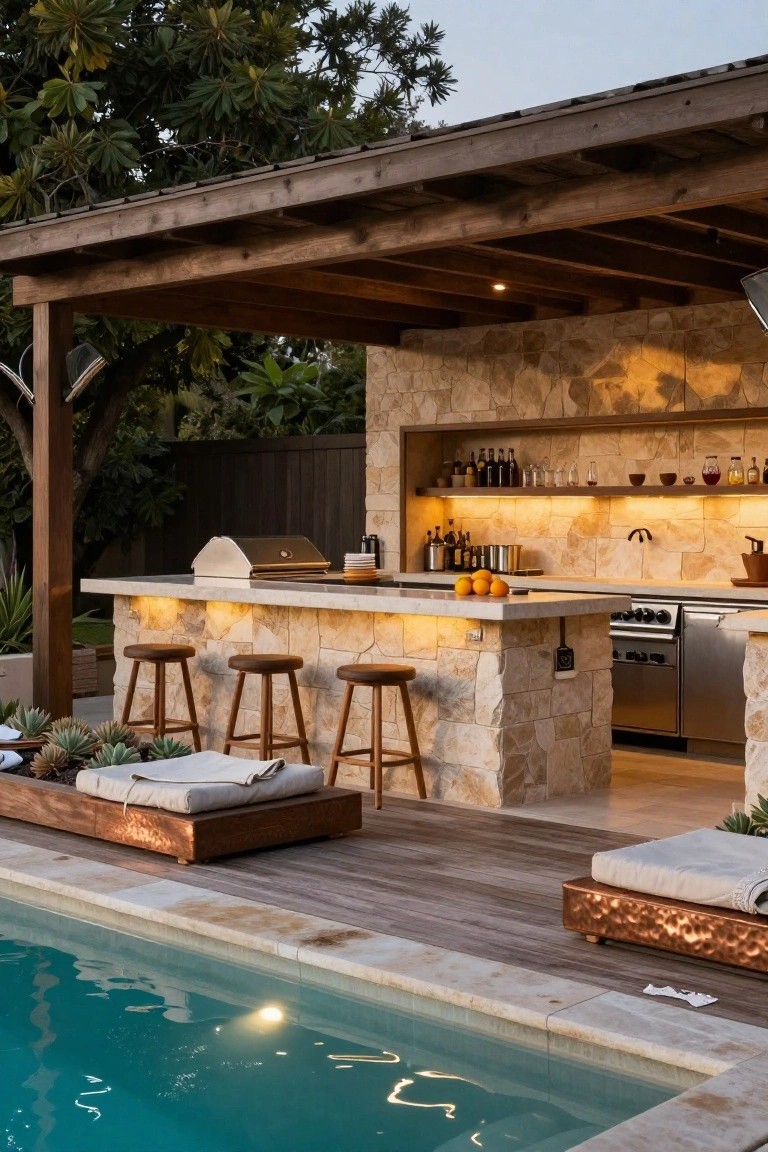 Wooden pergola sheltering a stone outdoor kitchen bar with grill, sink, wooden stools, pool in foreground, and potted plants nearby.
