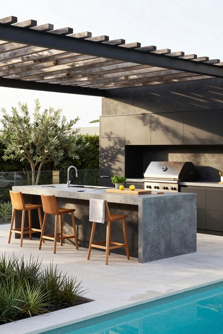 Outdoor kitchen with gray concrete island, built-in grill, sink, wooden bar stools, and herbs on counter under slatted wooden pergola beside swimming pool and landscaping.