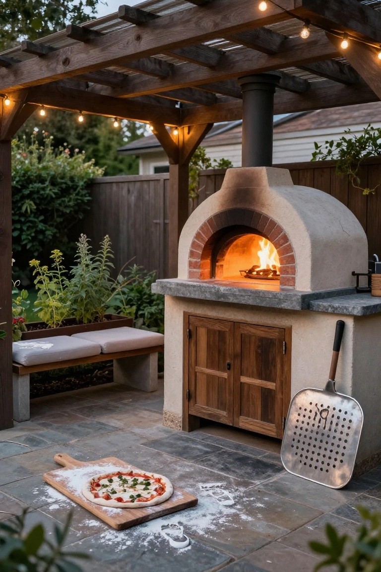 Backyard pergola covering a built-in brick wood-fired pizza oven with flames inside, gray countertop, wooden cabinets, bench seating, metal pizza peel, and uncooked pizza on a flour-dusted wooden board on slate pavers surrounded by plants.