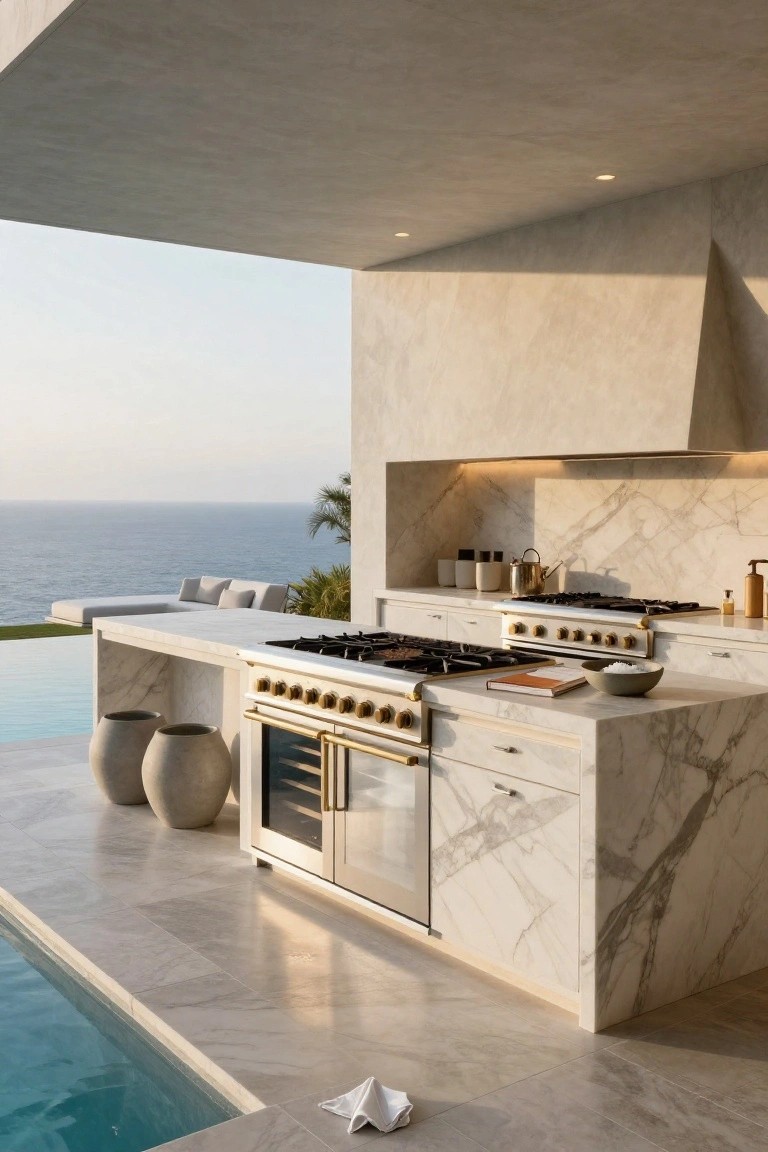 Modern outdoor kitchen with white marble island, gold gas range, double wall ovens, and wine cooler under beige stucco cantilevered roof beside infinity-edge pool and ocean view.