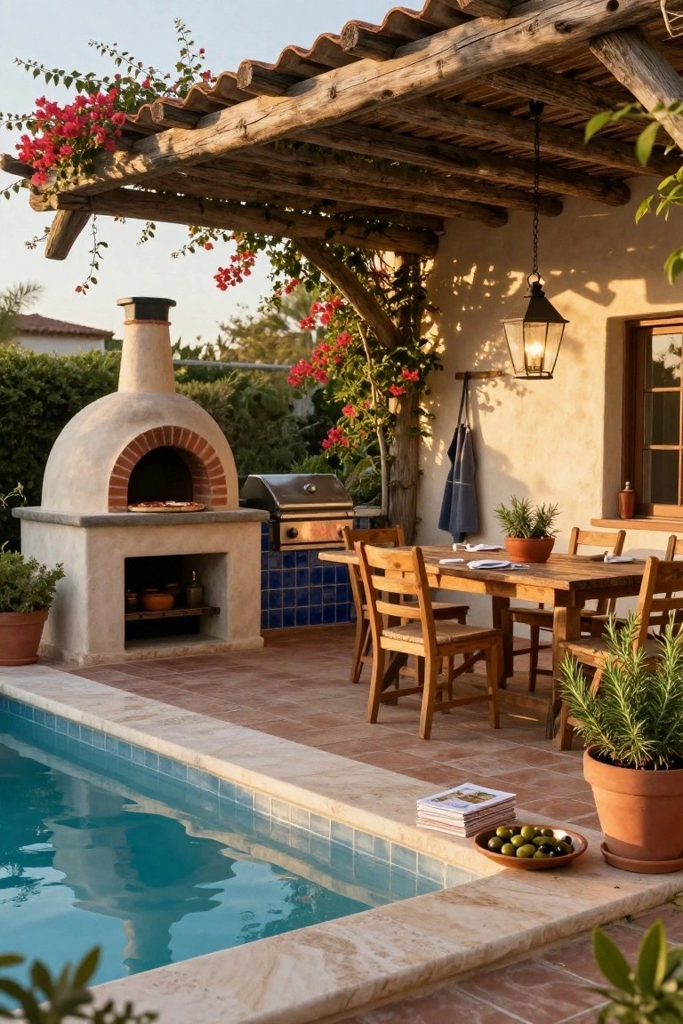 Rustic outdoor kitchen with dome-shaped stucco pizza oven, gas grill, wooden dining table with chairs, potted plants, and pool edge under wooden pergola covered in red bougainvillea.