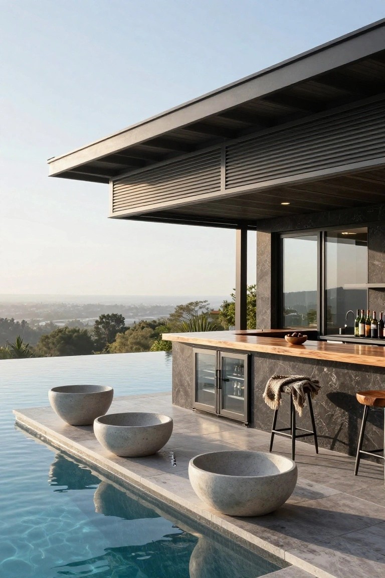 Modern infinity pool deck with three large gray concrete planters, adjacent black outdoor bar on stone tiles featuring teak wood countertop, double wine fridge, sink, bottles, bar stools, under dark cantilevered roof with glass walls and distant hill views.