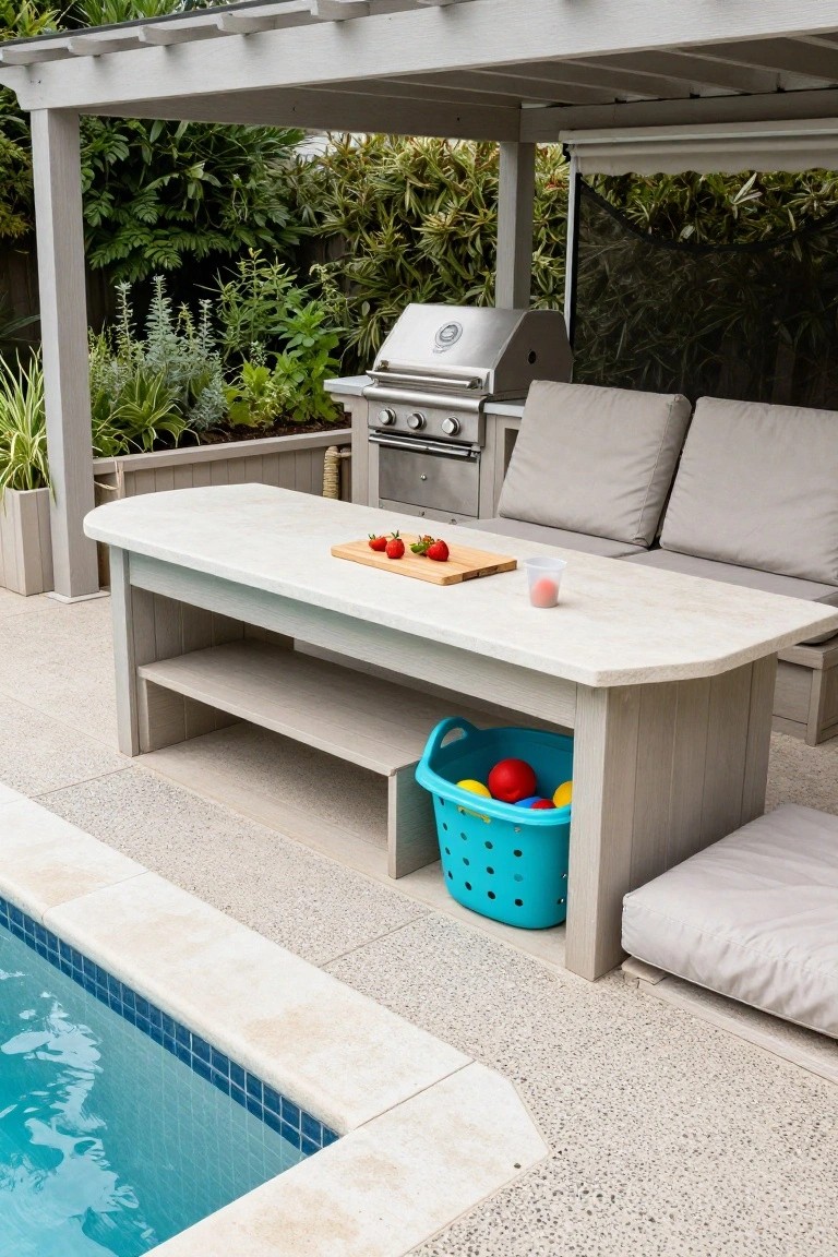 White pergola-covered outdoor kitchen island with light wood counter, wooden cutting board holding strawberries, clear cup, blue basket of red and yellow pool toys in lower shelf, gray cushioned seating, stainless steel grill, and pool edge nearby.