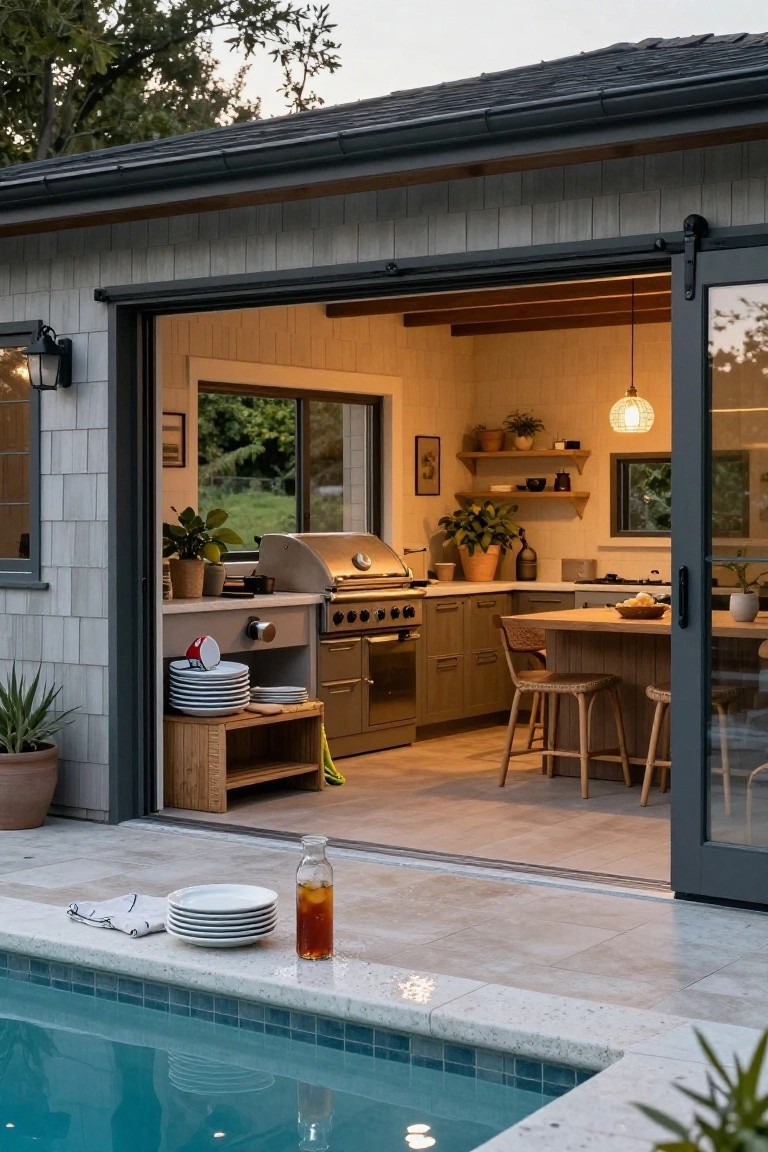 Outdoor kitchen with built-in grill, stacked plates, and wooden counters opens via large sliding glass doors to a turquoise pool deck edged in tile, with potted plants and a wooden shelf nearby.