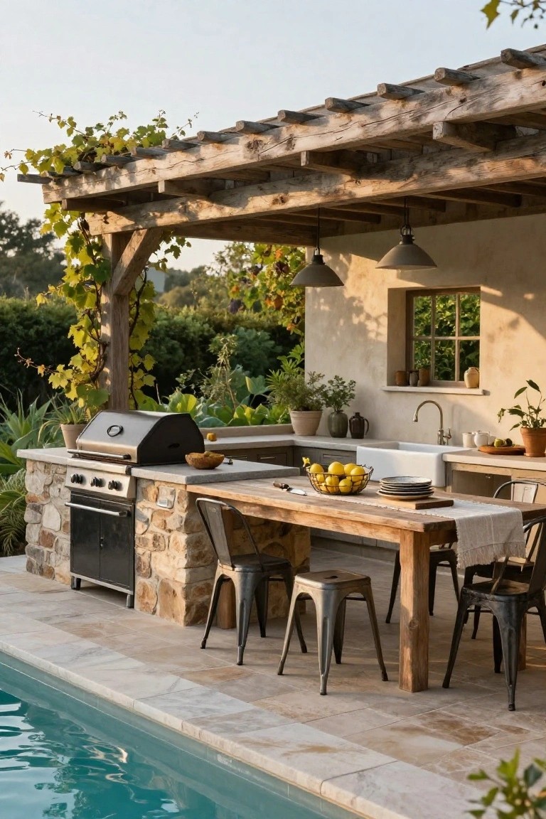 Rustic stone outdoor kitchen with built-in gas grill, sink, and cabinets under vine-covered wooden pergola next to swimming pool, with wooden dining table and metal chairs on tiled patio