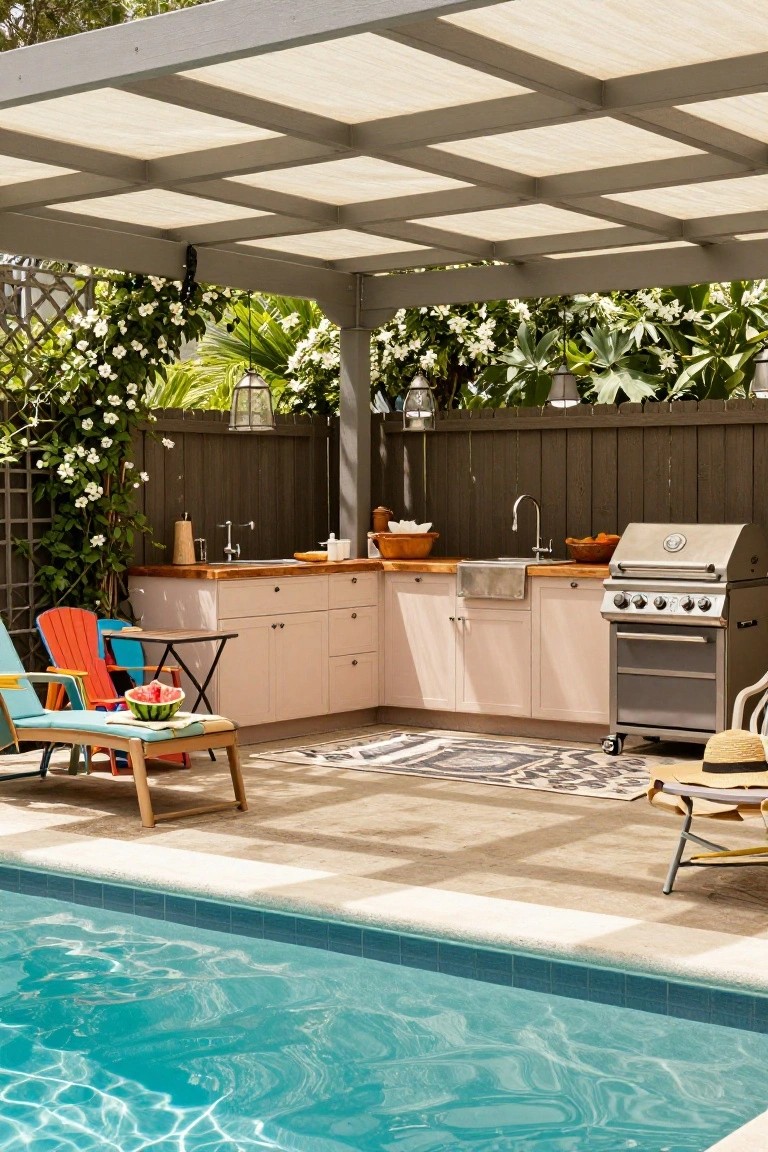 Outdoor kitchen under a shaded pergola beside a swimming pool, with pink cabinets, stainless steel BBQ grill, sink, wooden countertop, colorful lounge chairs, and tropical plants nearby.