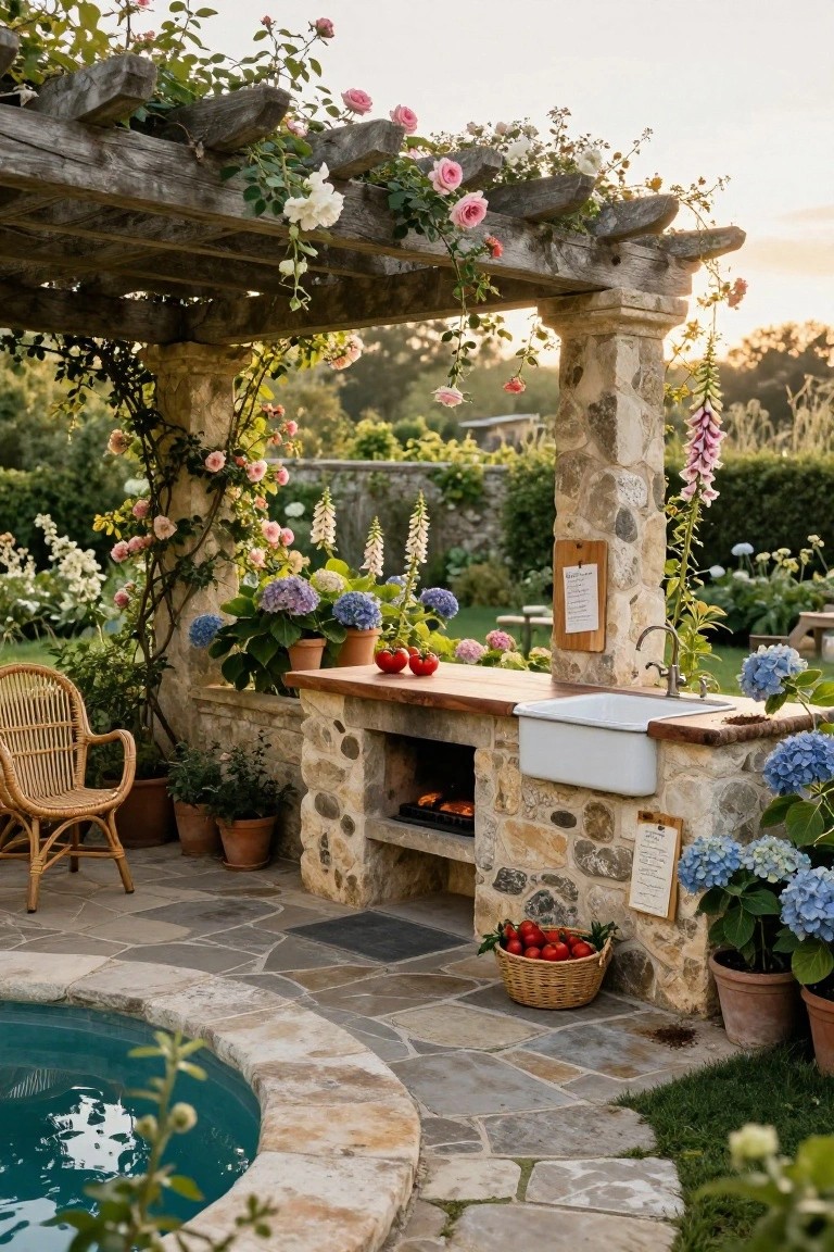 Stone outdoor kitchen with wooden countertop, sink, and grill under vine-covered wooden pergola next to a turquoise pool, with potted plants, flowers, and basket of tomatoes nearby.