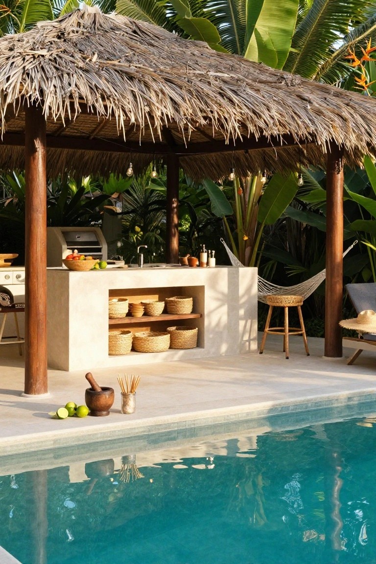 Thatched pergola with wooden posts over an outdoor kitchen including grill, stone counter with fruit bowl, shelves of baskets, stools, and hammock, adjacent to turquoise pool amid tropical plants.