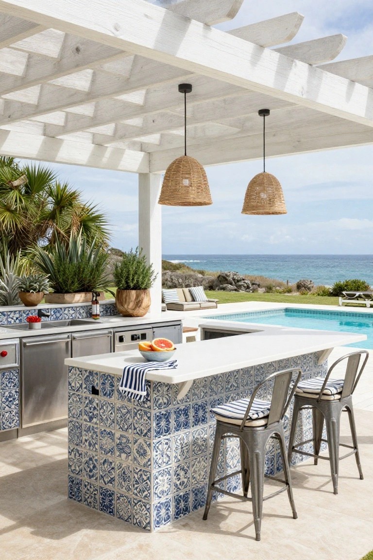 Outdoor kitchen under white wooden pergola next to turquoise pool, with stainless steel appliances, white countertop island featuring blue patterned tile on lower cabinets and sides, metal bar stools, plants, and ocean view in background.