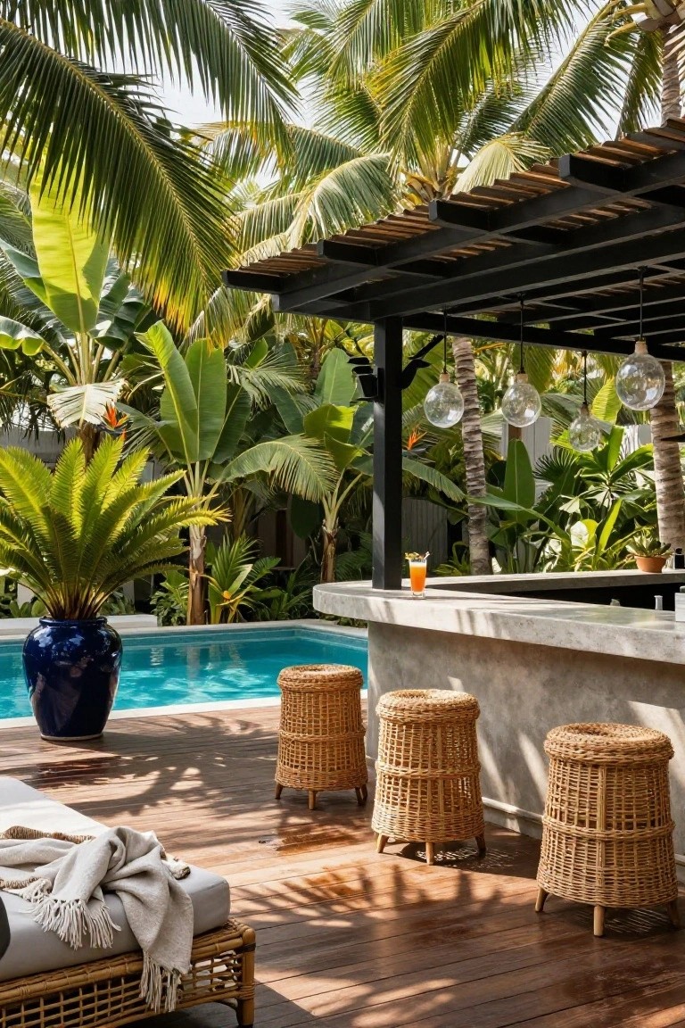 24 Relaxing Outdoor Pool Area Ideas For Unwinding After Long Days Outdoor pool area featuring a concrete bar counter with three rattan barstools, a blue swimming pool, potted plants, tropical greenery, palm trees, and hanging globe lights under a slatted wooden pergola.