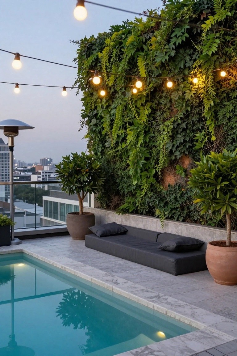 24 Relaxing Outdoor Pool Area Ideas For Unwinding After Long Days Rooftop terrace with a small rectangular pool, black outdoor sofa with gray cushions, potted plants, lush green ivy wall, string lights overhead, patio heater, and city skyline view at dusk.