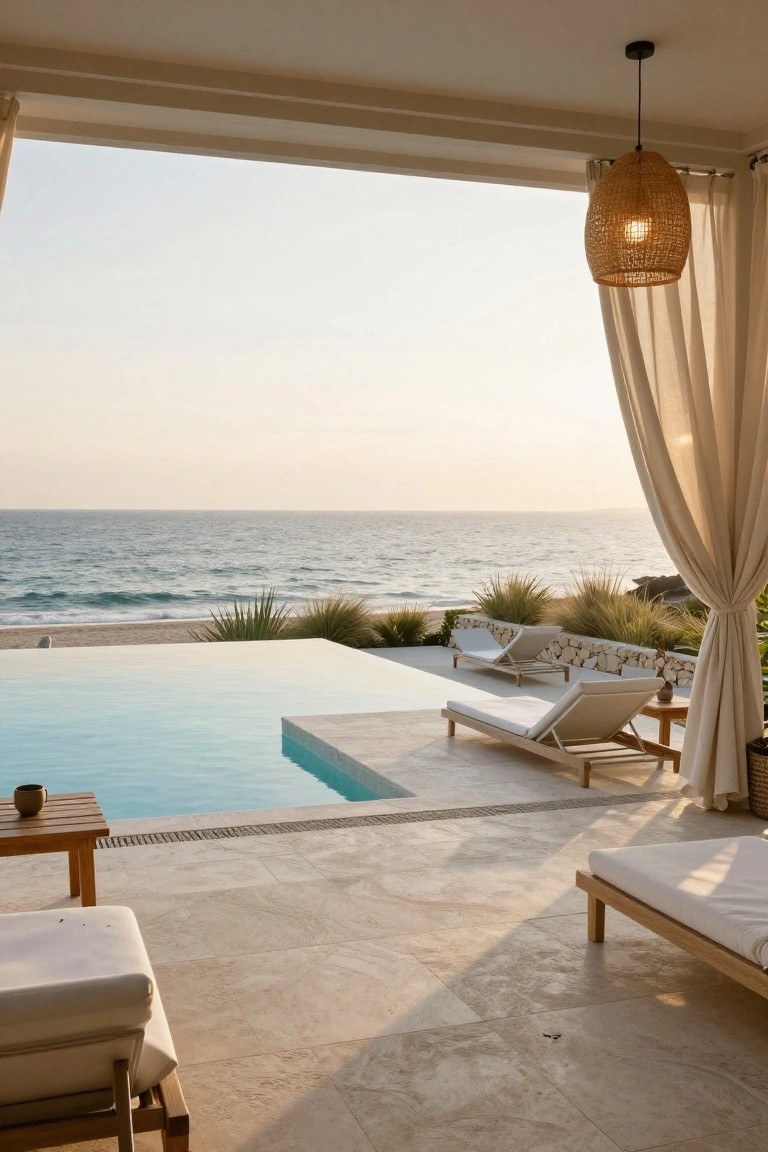 24 Relaxing Outdoor Pool Area Ideas For Unwinding After Long Days Terrace with turquoise infinity edge pool overlooking the ocean and beach, white loungers on light tiled floor, wooden side tables, rattan pendant light, and draped white curtains.