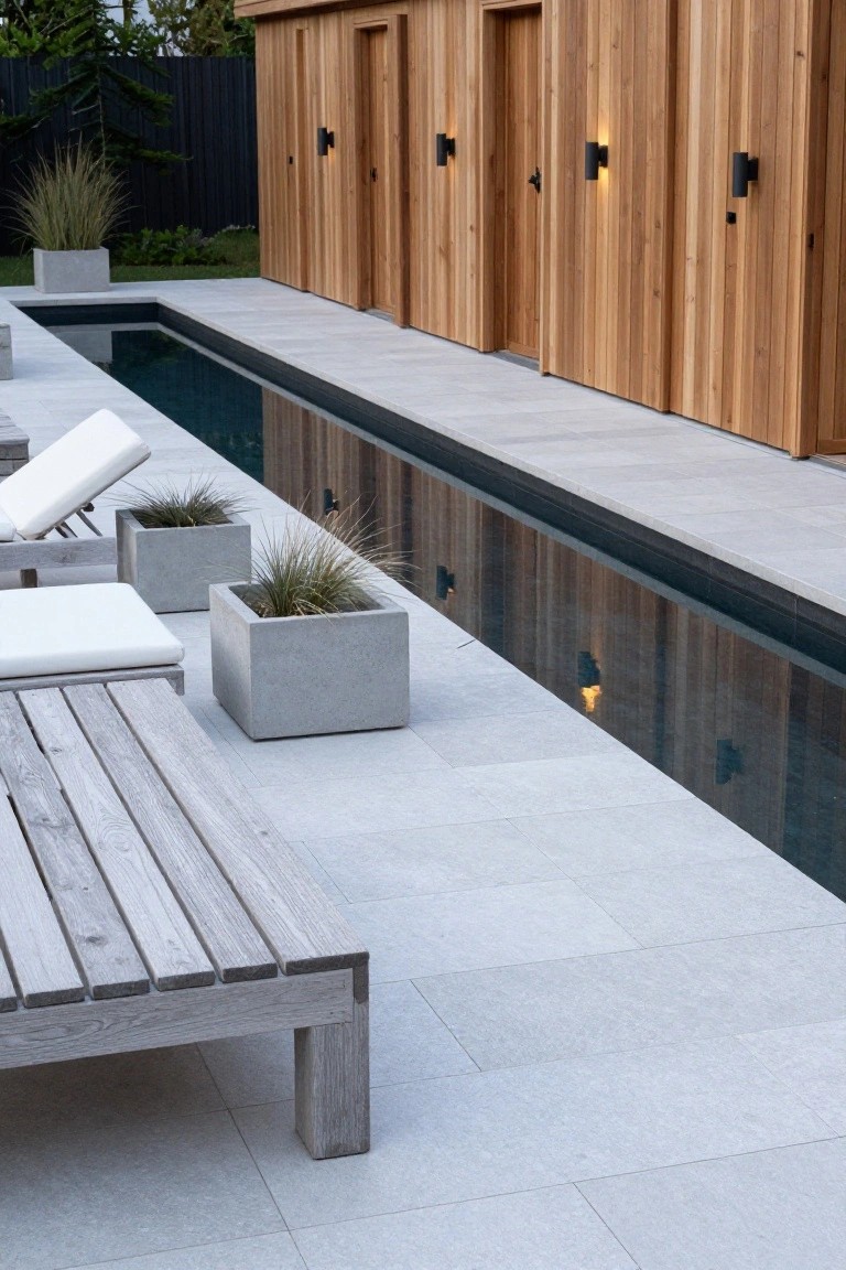 24 Relaxing Outdoor Pool Area Ideas For Unwinding After Long Days A narrow rectangular outdoor pool with dark water runs parallel to a wooden cabin structure featuring several doors and wall lights, with white lounge chairs, wooden benches, and gray concrete planters on light gray stone paving alongside.