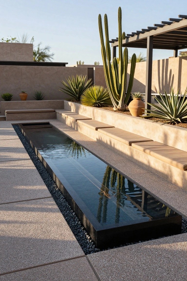 24 Relaxing Outdoor Pool Area Ideas For Unwinding After Long Days Narrow black-edged reflecting pool flanked by beige built-in benches in a desert outdoor patio with cacti, agave plants, and terracotta pots.