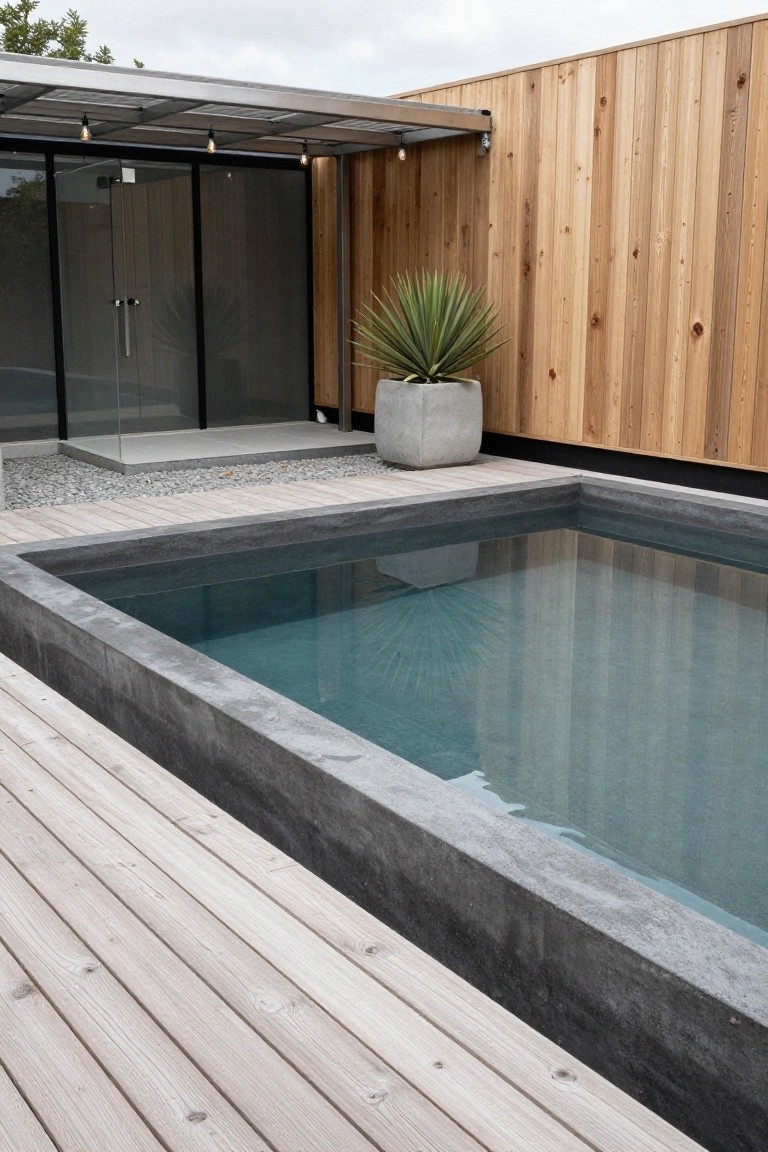 24 Relaxing Outdoor Pool Area Ideas For Unwinding After Long Days Rectangular in-ground pool with dark concrete edging and light wood decking surrounding it, next to a wooden fence, glass doors to a structure, potted yucca plant, and gravel area.