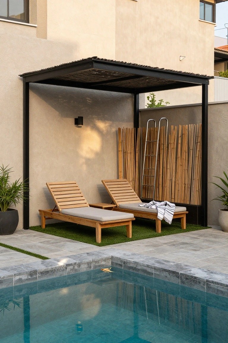 24 Relaxing Outdoor Pool Area Ideas For Unwinding After Long Days Two teak lounge chairs with beige cushions under a black metal pergola with reed roofing, next to tall bamboo screens and a ladder, beside a turquoise pool with gray stone edging and artificial turf.