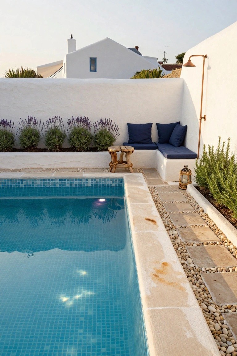 24 Relaxing Outdoor Pool Area Ideas For Unwinding After Long Days Turquoise mosaic-tiled pool with adjacent built-in white bench seat holding navy cushions and a wood stool, lined with lavender plants along the wall, stone pathway edged in pebbles, and white stucco architecture.