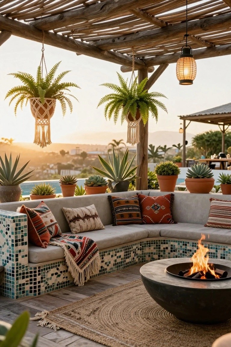 24 Relaxing Outdoor Pool Area Ideas For Unwinding After Long Days Poolside outdoor lounge area featuring an L-shaped gray couch with colorful patterned pillows and throw, central black metal fire pit with burning logs, surrounding potted succulents and agaves, hanging macrame planters with ferns under a wooden pergola structure at sunset with hills in background.