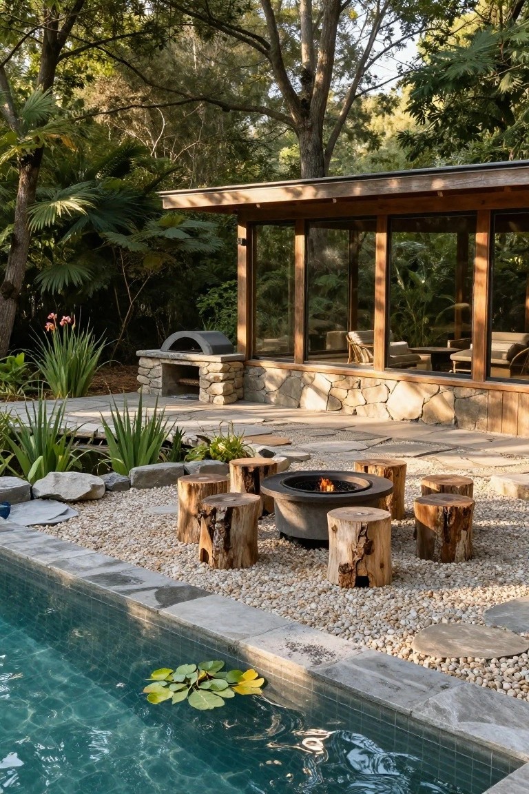 24 Relaxing Outdoor Pool Area Ideas For Unwinding After Long Days Poolside outdoor area with a circular metal fire pit surrounded by tree stump seats on gravel, stone outdoor kitchen with pizza oven, wooden pavilion, and lush tropical plants near a tiled pool with water lilies.