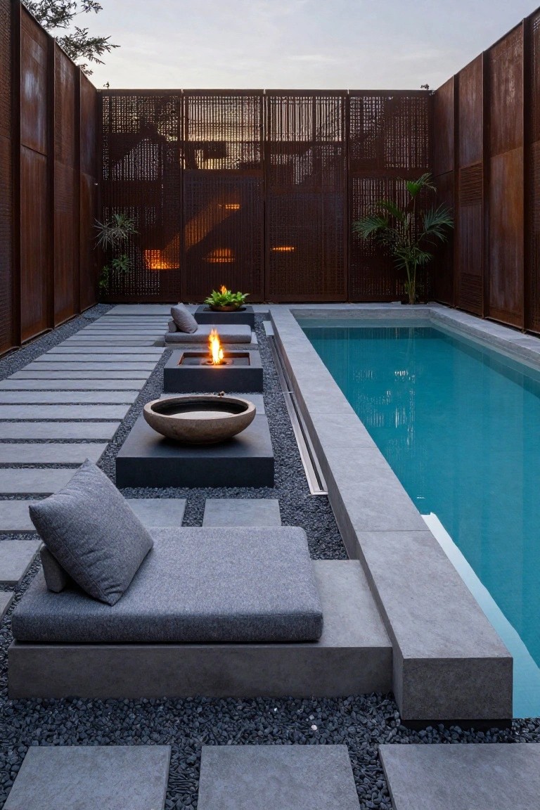 24 Relaxing Outdoor Pool Area Ideas For Unwinding After Long Days A narrow rectangular turquoise pool with low built-in gray concrete seating, fire bowls, and fire pits along one edge on dark stone bases, surrounded by concrete pavers, black pebbles, plants, and tall rusted metal privacy screens.