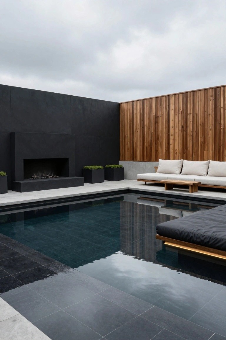 24 Relaxing Outdoor Pool Area Ideas For Unwinding After Long Days Modern outdoor pool area with dark tiled pool, matte black linear fireplace, white low-profile sofa on concrete deck, teak daybed, wooden fence, and black planters under overcast sky.