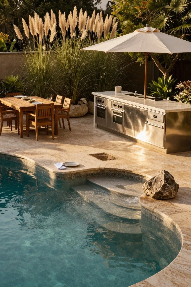 24 Relaxing Outdoor Pool Area Ideas For Unwinding After Long Days Curved turquoise pool with travertine surround and steps, next to a stainless steel outdoor kitchen island and teak dining table with chairs, surrounded by pampas grass, palms, and a beige umbrella.